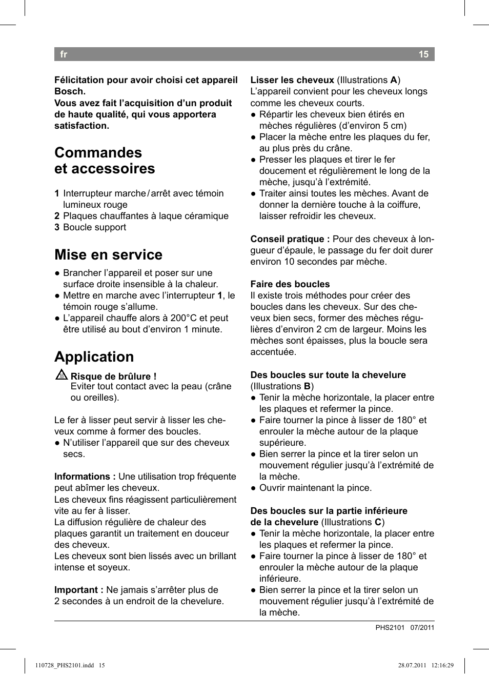 Commandes et accessoires, Mise en service, Application | Bosch PHS2101 Haarglätter StarShine StraightStyle User Manual | Page 19 / 104