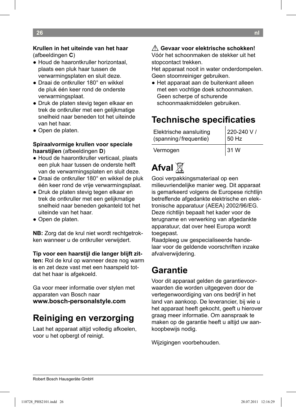 Reiniging en verzorging, Technische speciicaties, Afval | Garantie | Bosch PHS2101 Haarglätter StarShine StraightStyle User Manual | Page 30 / 104