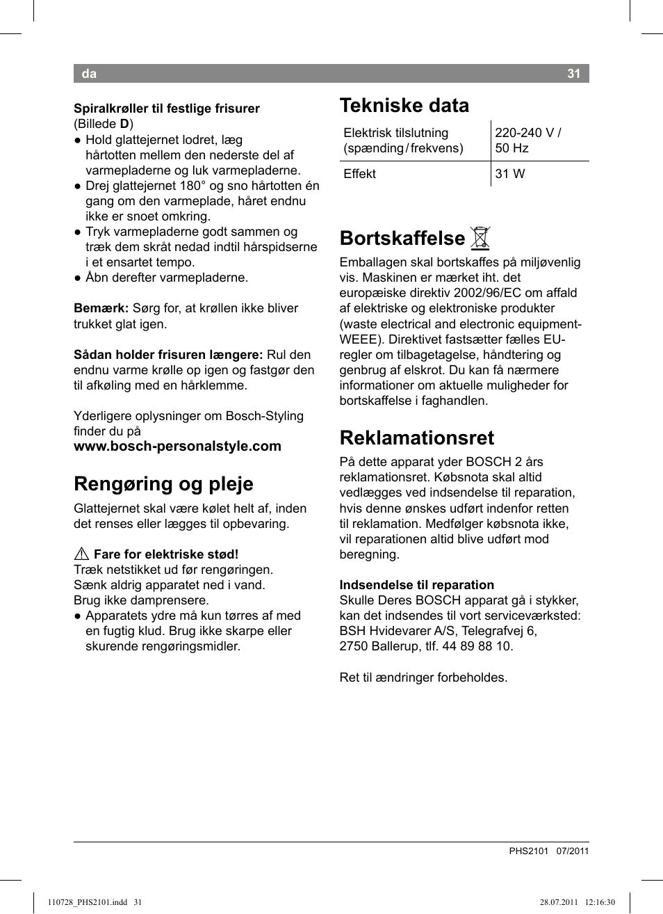 Rengøring og pleje, Tekniske data, Bortskaffelse | Reklamationsret | Bosch PHS2101 Haarglätter StarShine StraightStyle User Manual | Page 35 / 104