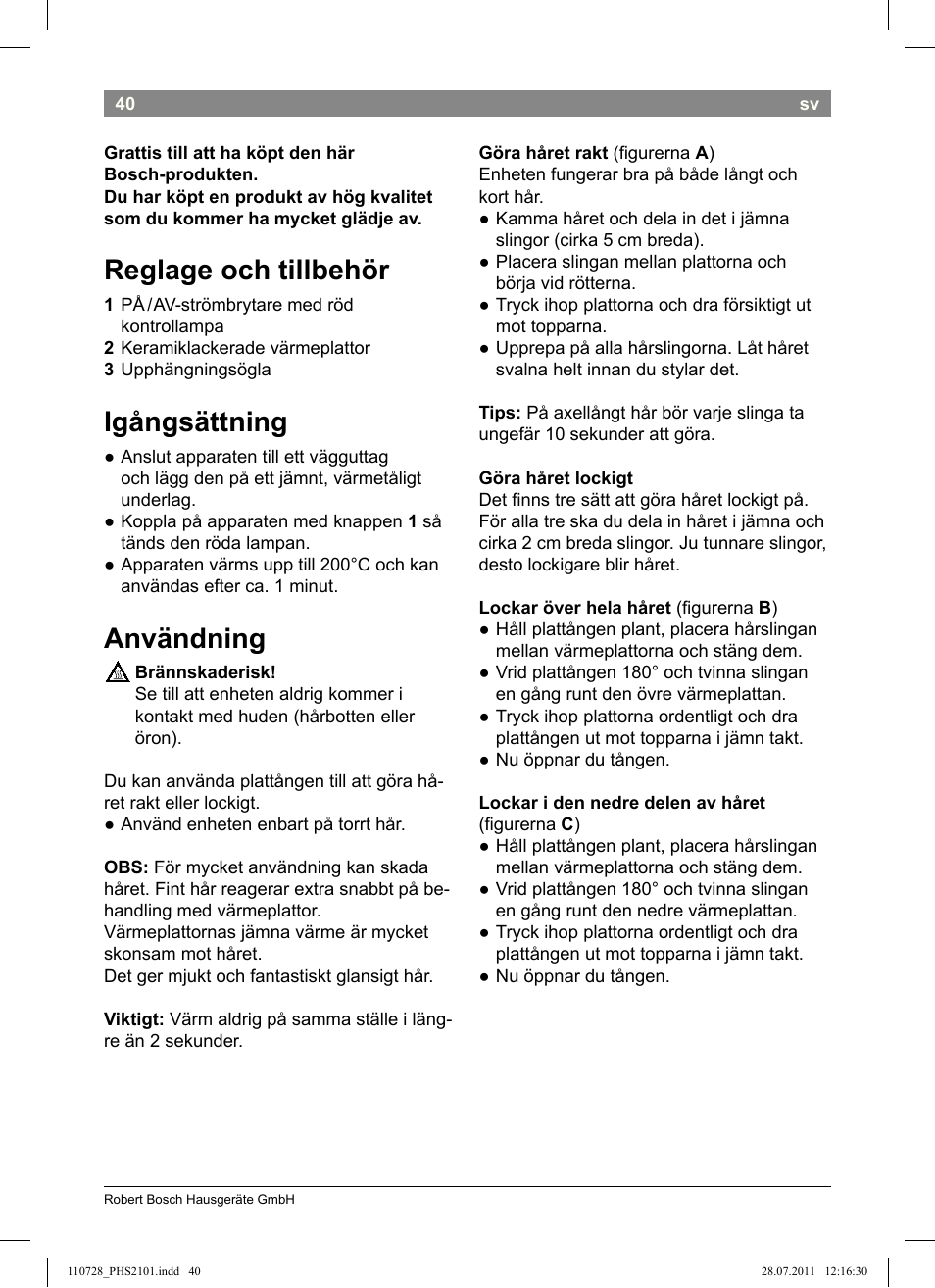 Reglage och tillbehör, Igångsättning, Användning | Bosch PHS2101 Haarglätter StarShine StraightStyle User Manual | Page 44 / 104