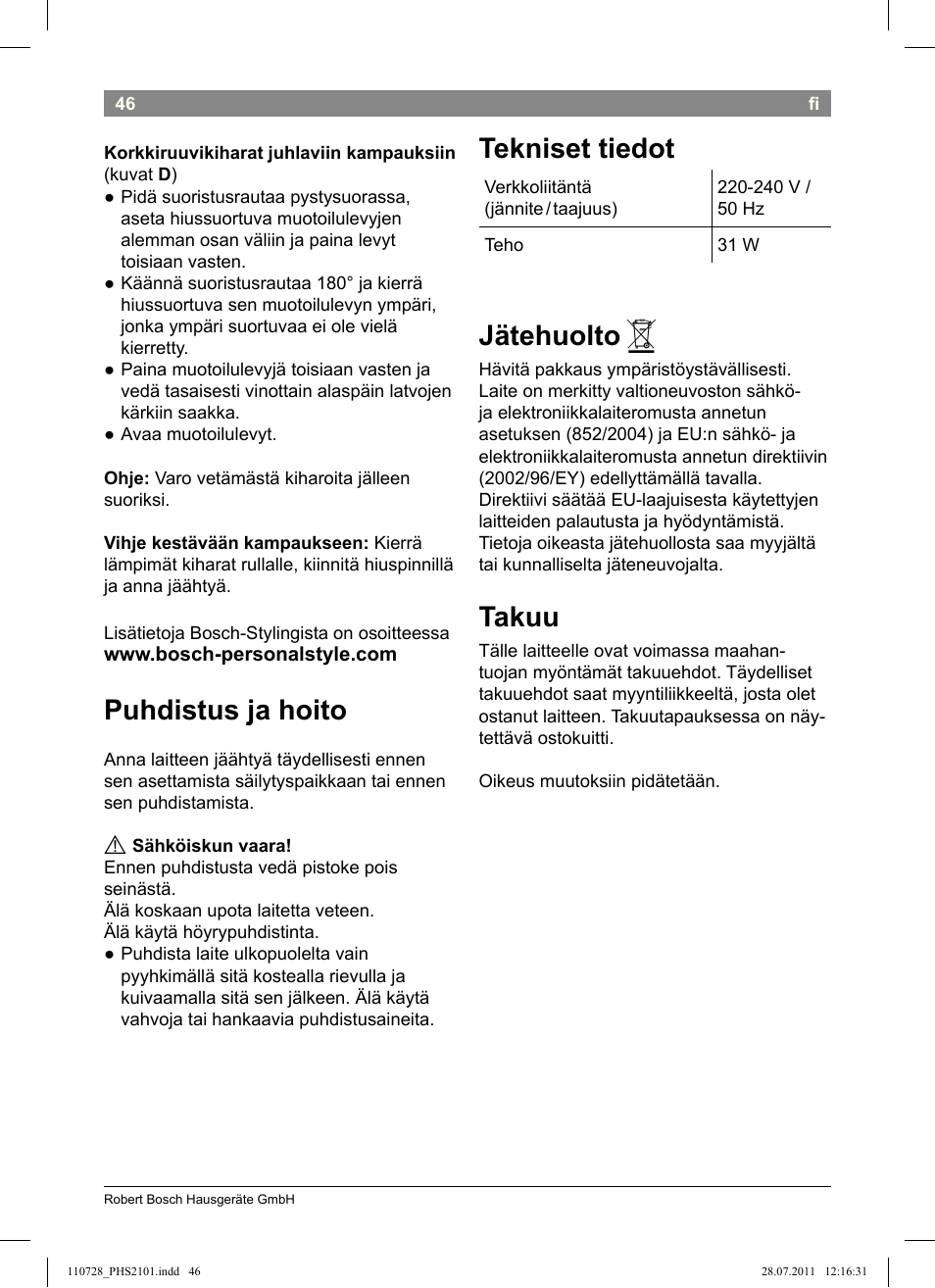 Puhdistus ja hoito, Tekniset tiedot, Jätehuolto | Takuu | Bosch PHS2101 Haarglätter StarShine StraightStyle User Manual | Page 50 / 104