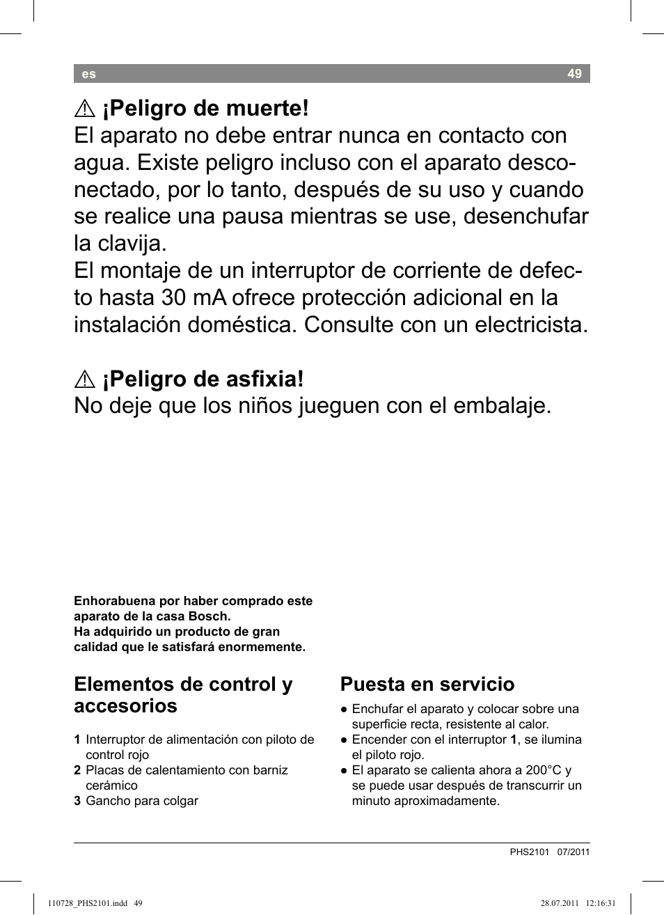 Elementos de control y accesorios, Puesta en servicio | Bosch PHS2101 Haarglätter StarShine StraightStyle User Manual | Page 53 / 104