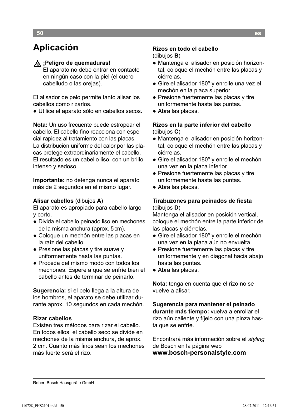 Aplicación | Bosch PHS2101 Haarglätter StarShine StraightStyle User Manual | Page 54 / 104