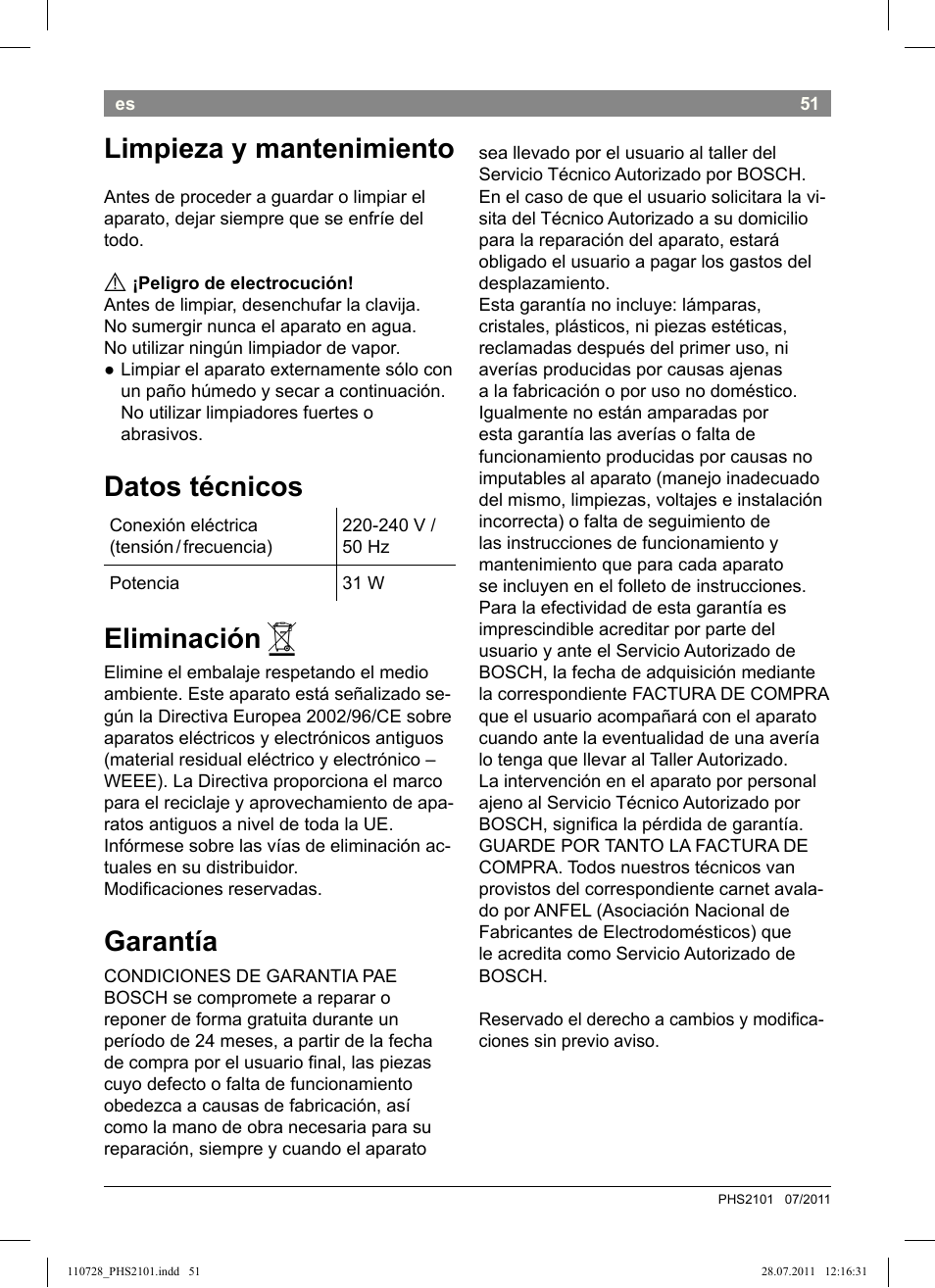 Limpieza y mantenimiento, Datos técnicos, Eliminación | Garantía | Bosch PHS2101 Haarglätter StarShine StraightStyle User Manual | Page 55 / 104