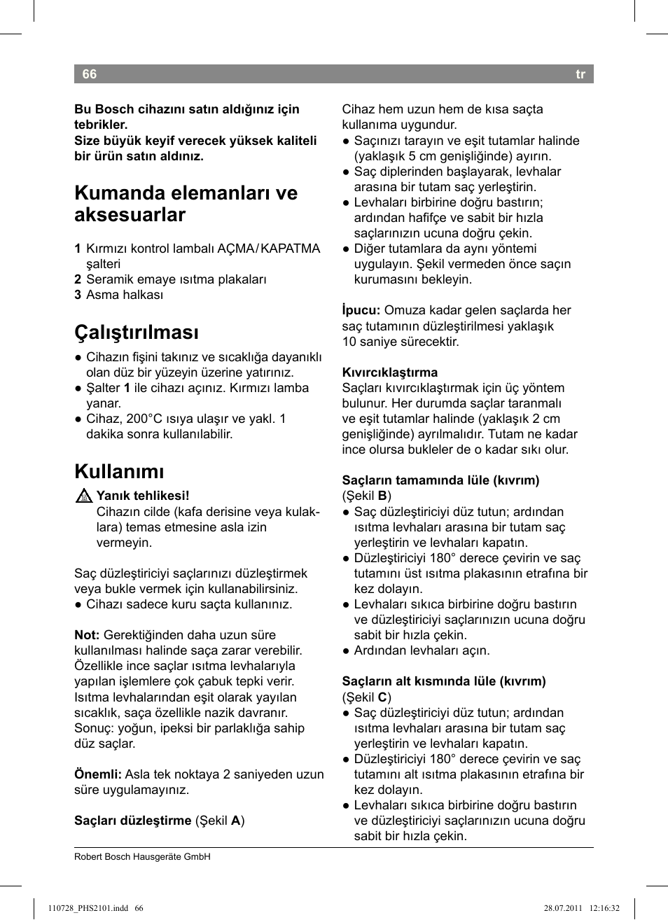 Kumanda elemanları ve aksesuarlar, Çalıştırılması, Kullanımı | Bosch PHS2101 Haarglätter StarShine StraightStyle User Manual | Page 70 / 104