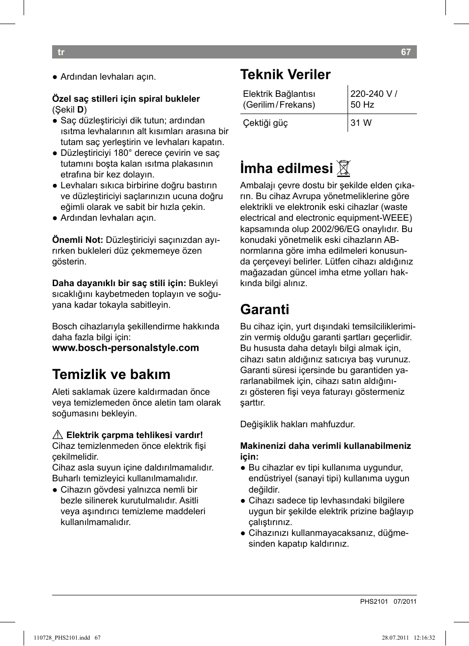 Temizlik ve bakım, Teknik veriler, Imha edilmesi | Garanti | Bosch PHS2101 Haarglätter StarShine StraightStyle User Manual | Page 71 / 104