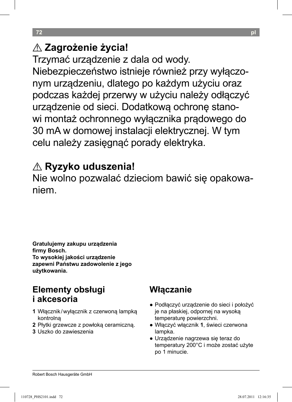 Elementy obsługi i akcesoria, Włączanie | Bosch PHS2101 Haarglätter StarShine StraightStyle User Manual | Page 76 / 104