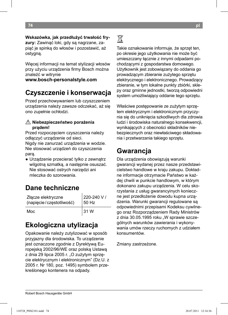 Czyszczenie i konserwacja, Dane techniczne, Ekologiczna utylizacja | Gwarancja | Bosch PHS2101 Haarglätter StarShine StraightStyle User Manual | Page 78 / 104