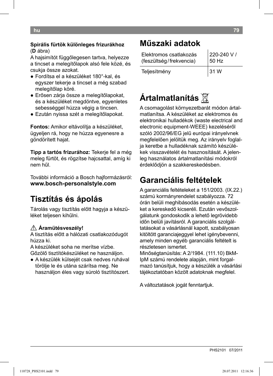 Tisztítás és ápolás, Műszaki adatok, Ártalmatlanítás | Garanciális feltételek | Bosch PHS2101 Haarglätter StarShine StraightStyle User Manual | Page 83 / 104