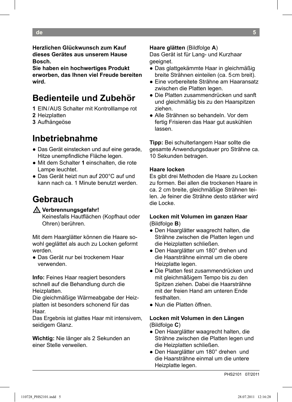 Bedienteile und zubehör, Inbetriebnahme, Gebrauch | Bosch PHS2101 Haarglätter StarShine StraightStyle User Manual | Page 9 / 104