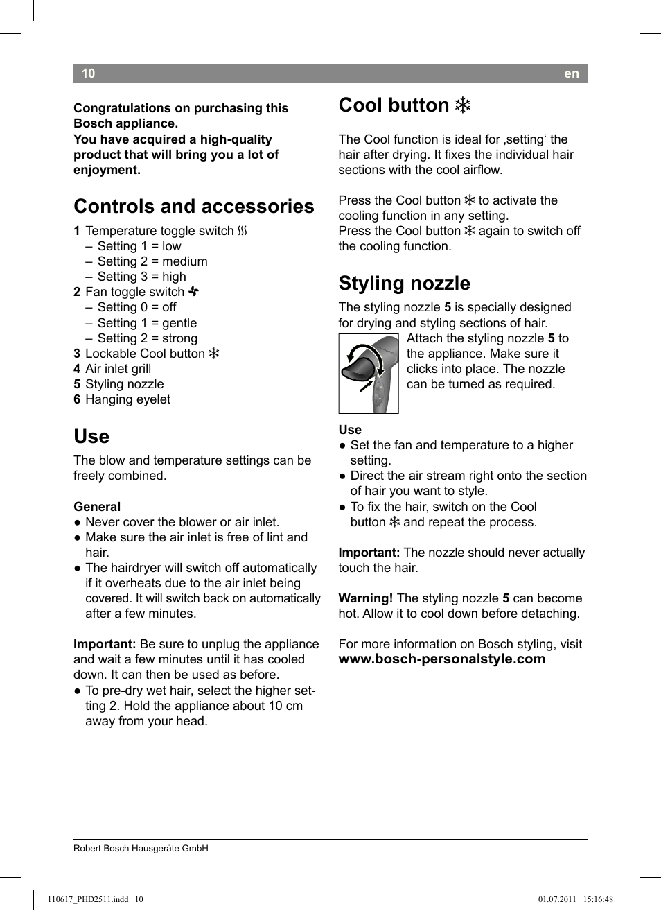 Cool button, Styling nozzle, Controls and accessories | Bosch PHD2511 Haartrockner StarShine DryStyle User Manual | Page 12 / 100