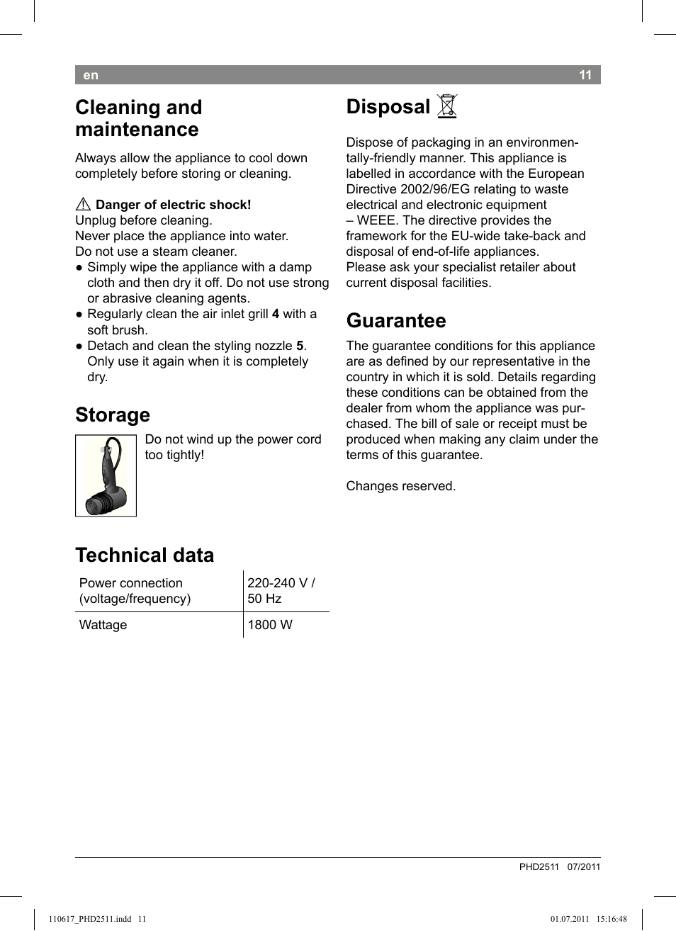 Cleaning and maintenance, Storage, Technical data | Disposal, Guarantee | Bosch PHD2511 Haartrockner StarShine DryStyle User Manual | Page 13 / 100