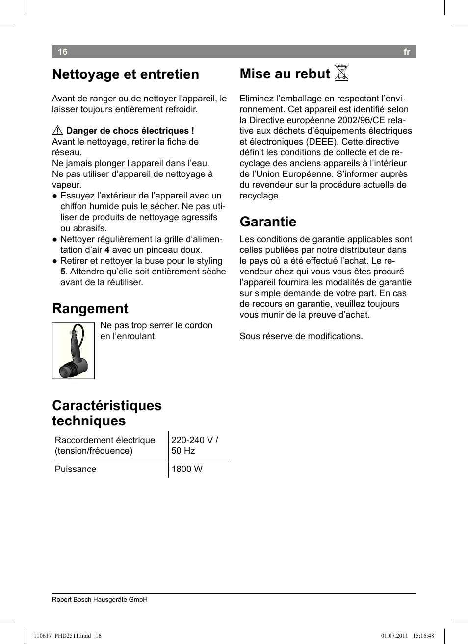 Nettoyage et entretien, Rangement, Caractéristiques techniques | Mise au rebut, Garantie | Bosch PHD2511 Haartrockner StarShine DryStyle User Manual | Page 18 / 100