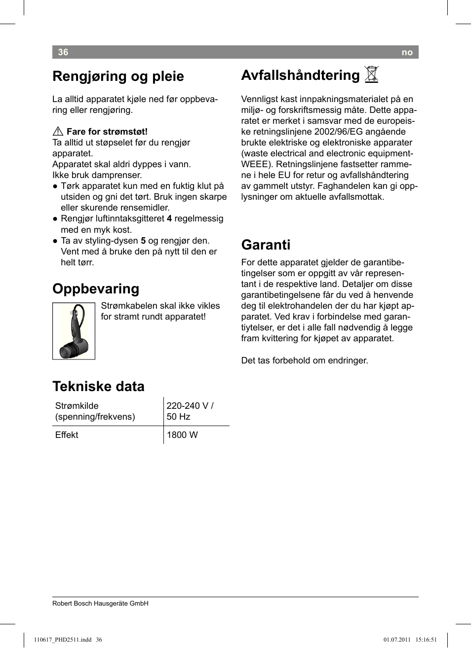 Rengjøring og pleie, Oppbevaring, Tekniske data | Avfallshåndtering, Garanti | Bosch PHD2511 Haartrockner StarShine DryStyle User Manual | Page 38 / 100