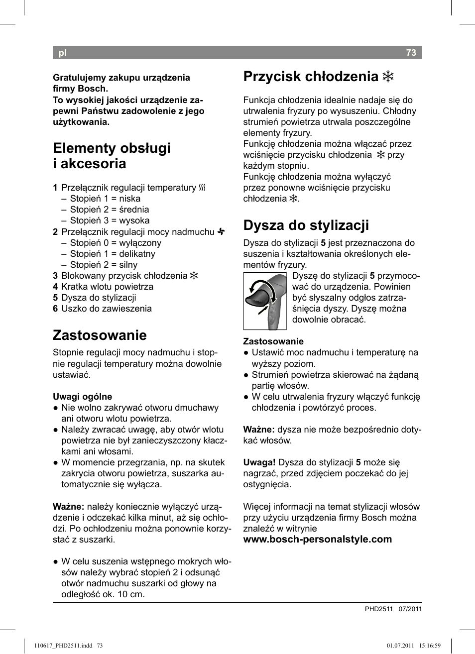 Przycisk chłodzenia, Dysza do stylizacji, Elementy obsługi i akcesoria | Zastosowanie | Bosch PHD2511 Haartrockner StarShine DryStyle User Manual | Page 75 / 100