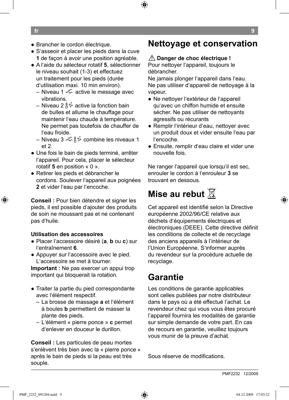 Nettoyage et conservation, Mise au rebut, Garantie | Bosch PMF2232 Fußsprudelbad User Manual | Page 11 / 58