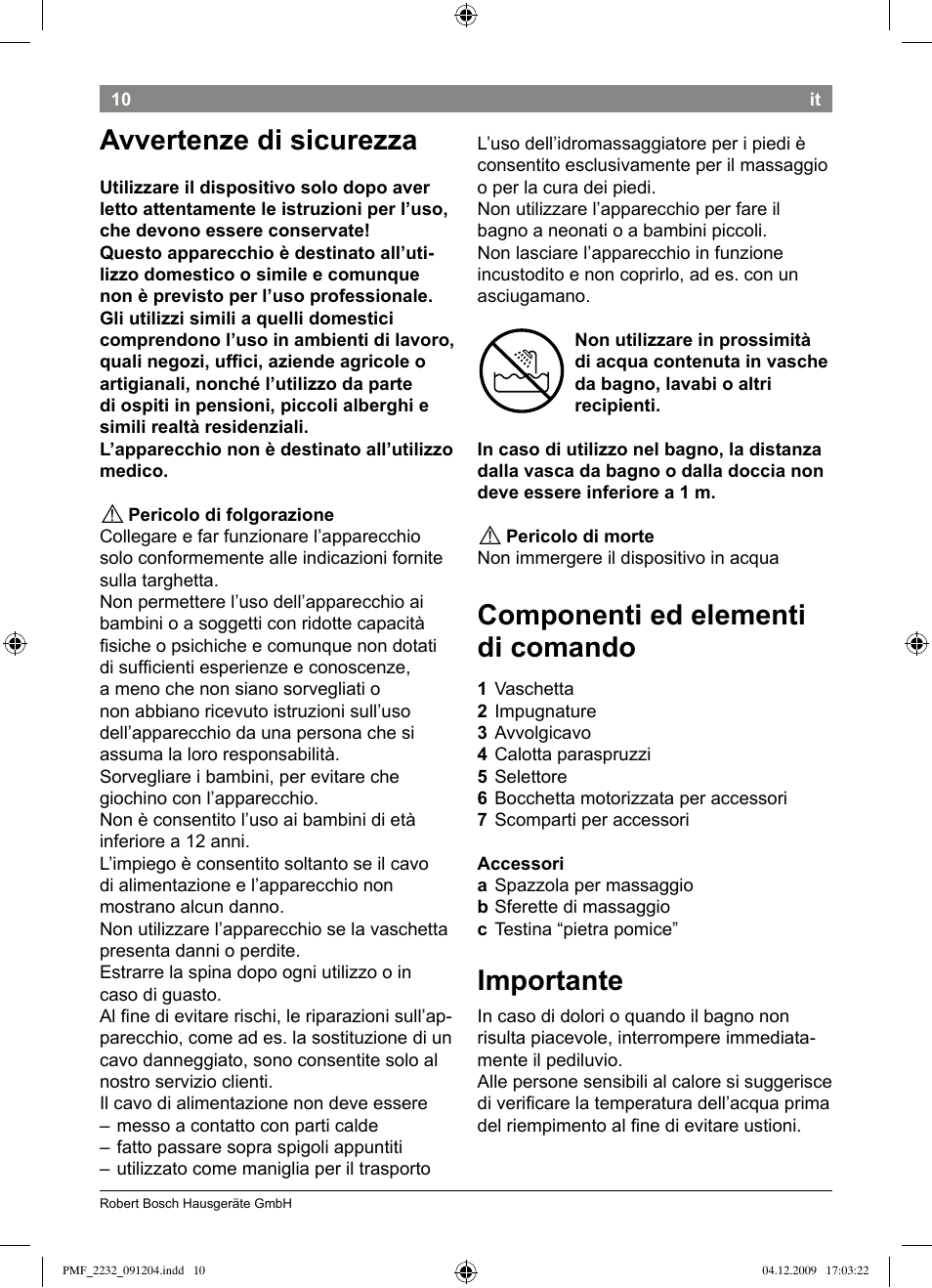 Avvertenze di sicurezza, Componenti ed elementi di comando, Importante | Bosch PMF2232 Fußsprudelbad User Manual | Page 12 / 58