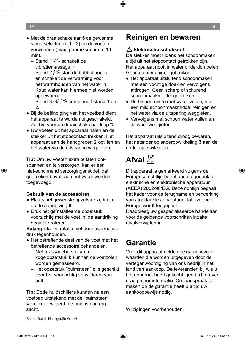 Reinigen en bewaren, Afval, Garantie | Bosch PMF2232 Fußsprudelbad User Manual | Page 16 / 58