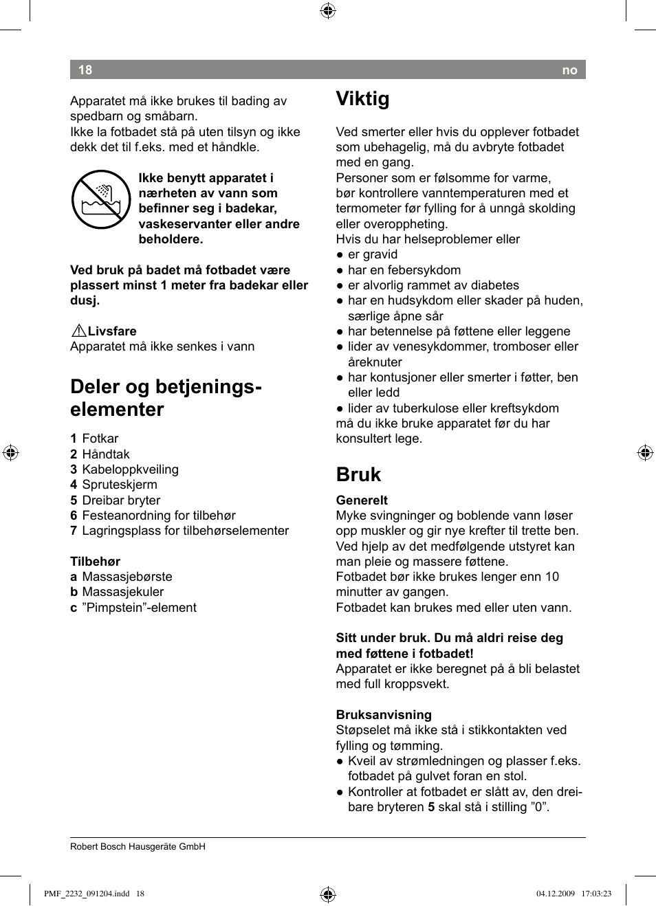 Deler og betjenings- elementer, Viktig, Bruk | Bosch PMF2232 Fußsprudelbad User Manual | Page 20 / 58