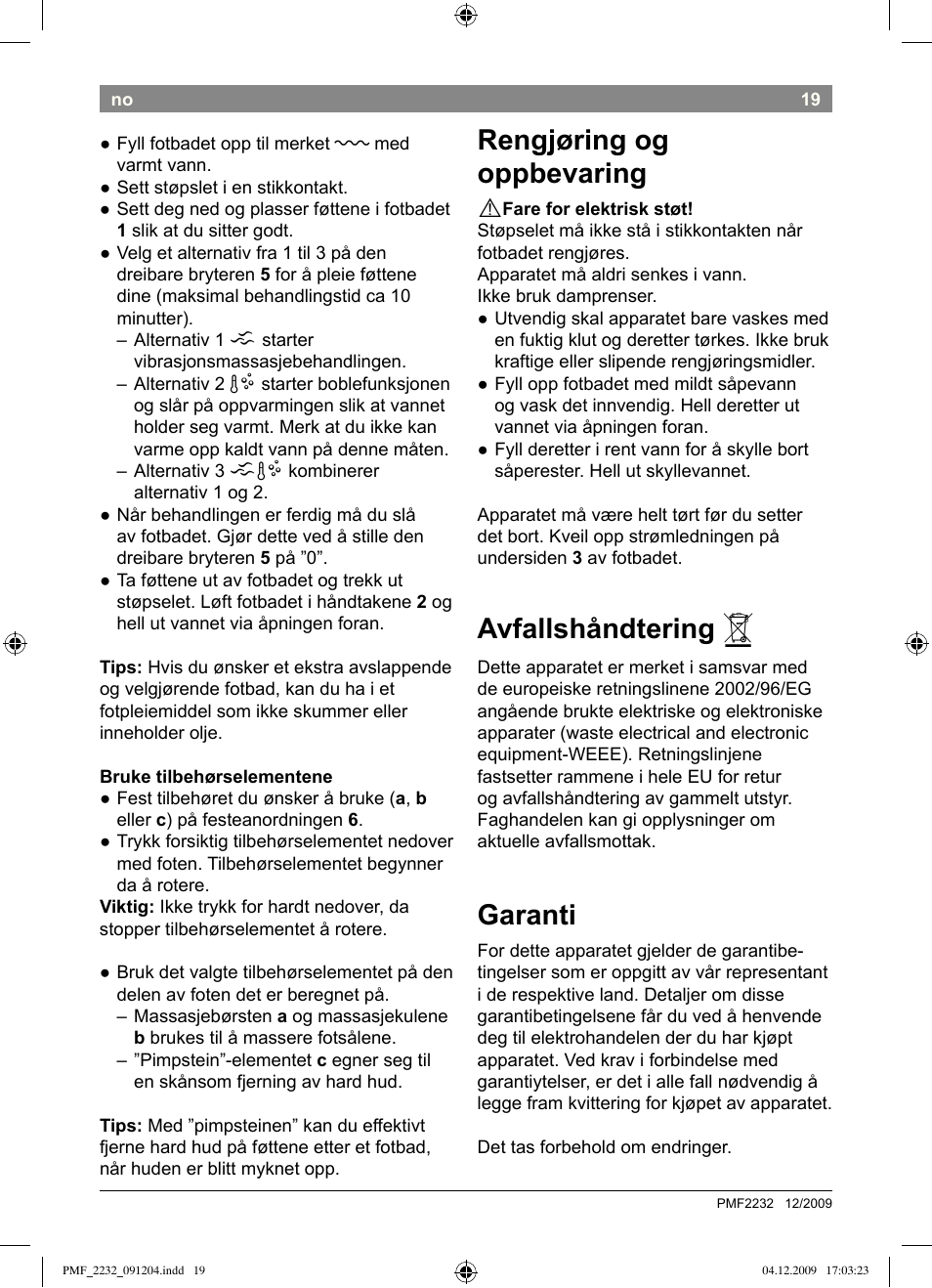 Rengjøring og oppbevaring, Avfallshåndtering, Garanti | Bosch PMF2232 Fußsprudelbad User Manual | Page 21 / 58