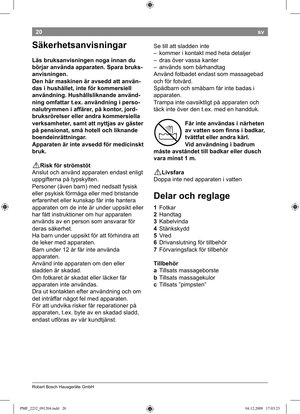 Delar och reglage, Säkerhetsanvisningar | Bosch PMF2232 Fußsprudelbad User Manual | Page 22 / 58