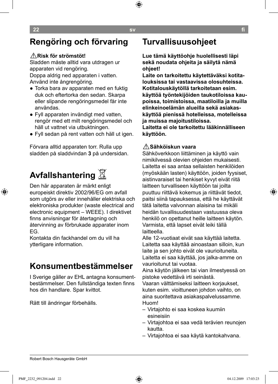 Rengöring och förvaring, Avfallshantering, Konsumentbestämmelser | Turvallisuusohjeet | Bosch PMF2232 Fußsprudelbad User Manual | Page 24 / 58