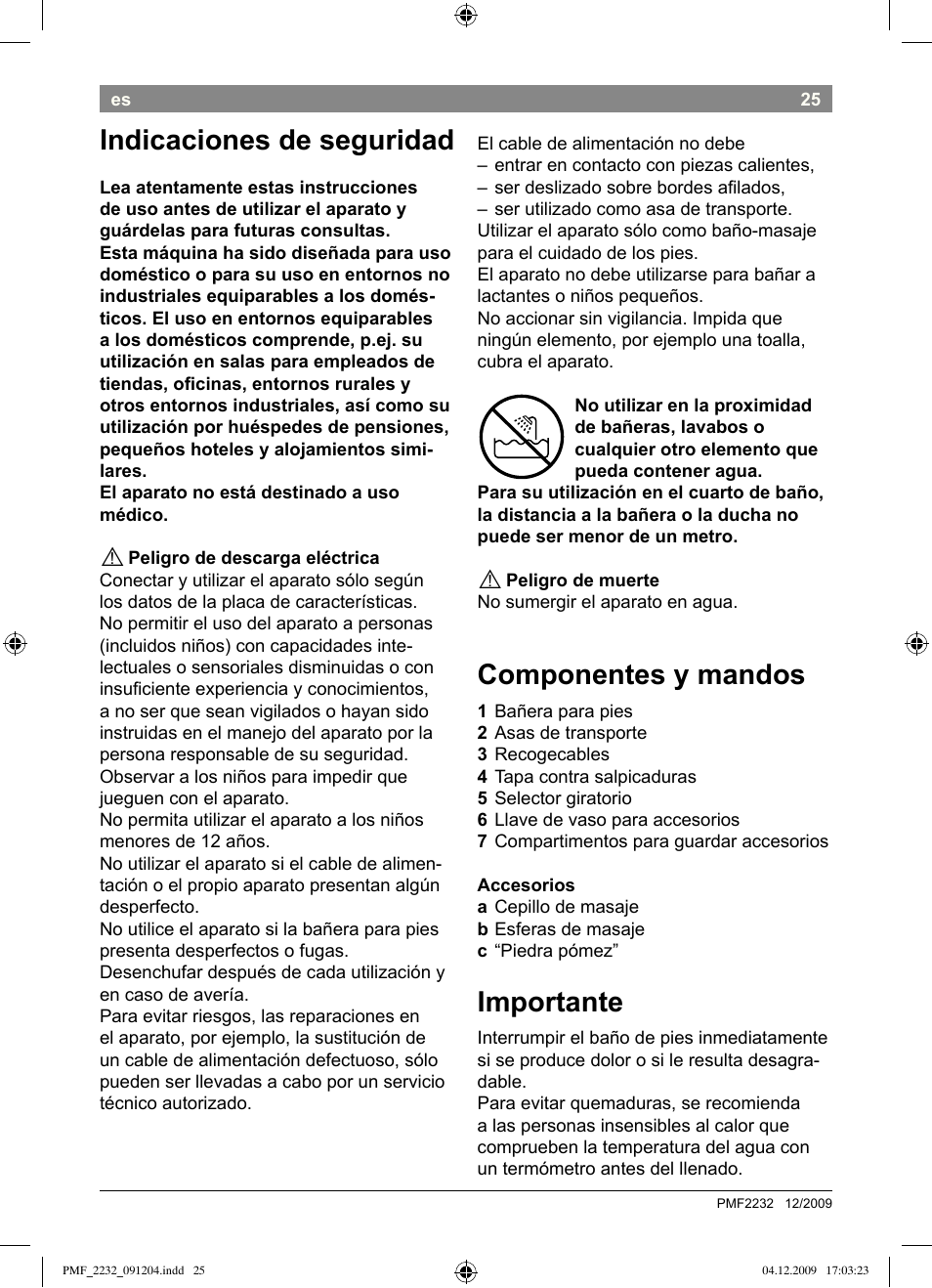 Componentes y mandos, Importante, Indicaciones de seguridad | Bosch PMF2232 Fußsprudelbad User Manual | Page 27 / 58