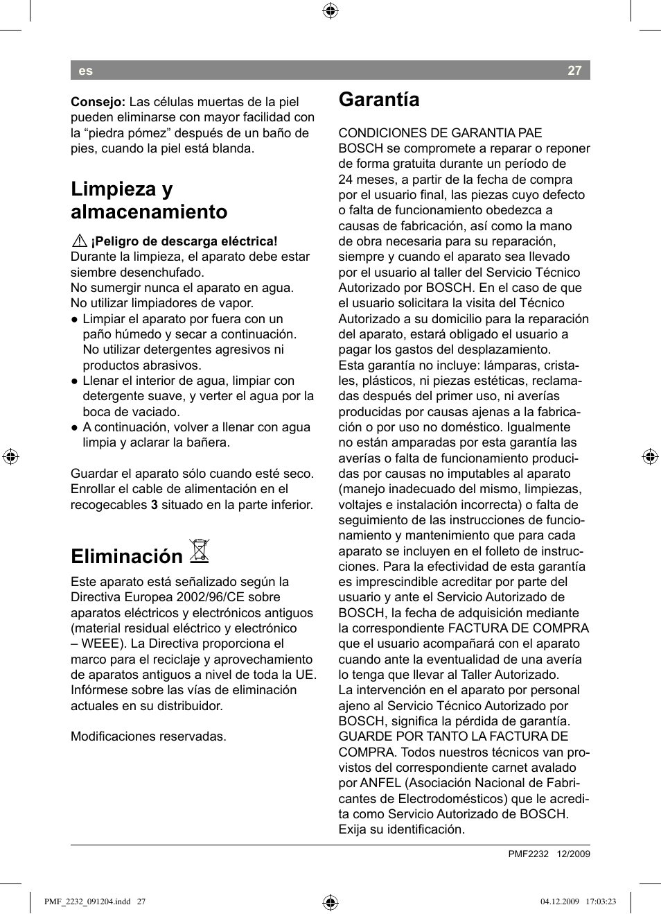 Limpieza y almacenamiento, Eliminación, Garantía | Bosch PMF2232 Fußsprudelbad User Manual | Page 29 / 58