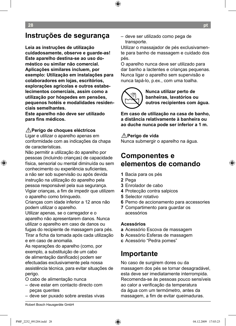 Instruções de segurança, Componentes e elementos de comando, Importante | Bosch PMF2232 Fußsprudelbad User Manual | Page 30 / 58