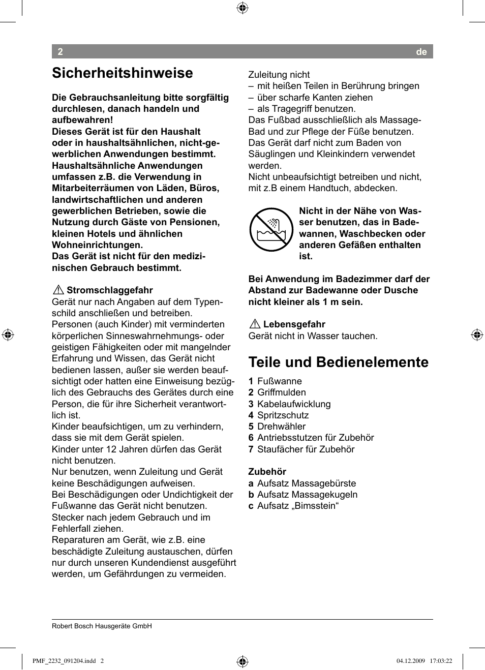 Sicherheitshinweise, Teile und bedienelemente | Bosch PMF2232 Fußsprudelbad User Manual | Page 4 / 58