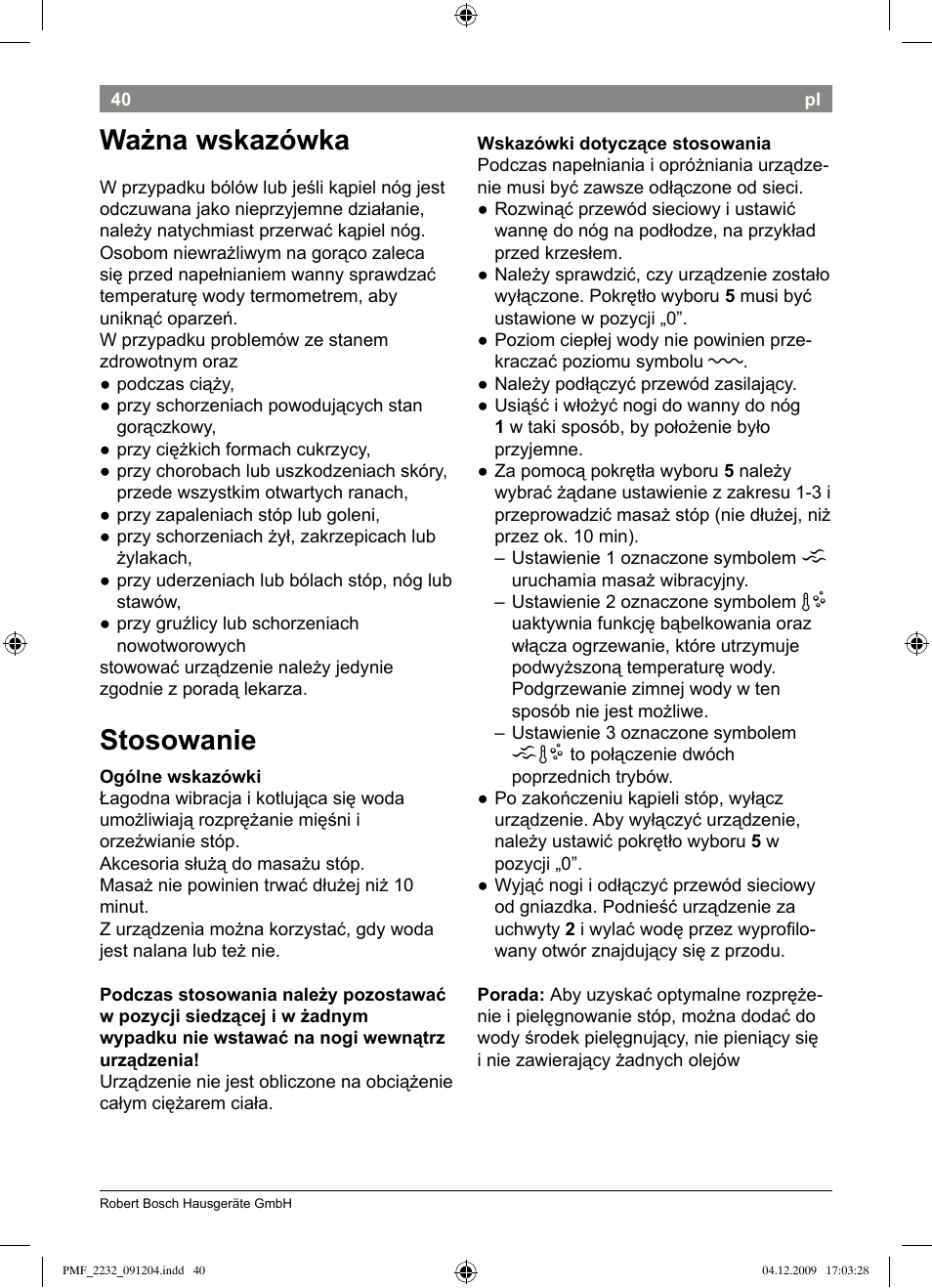 Ważna wskazówka, Stosowanie | Bosch PMF2232 Fußsprudelbad User Manual | Page 42 / 58