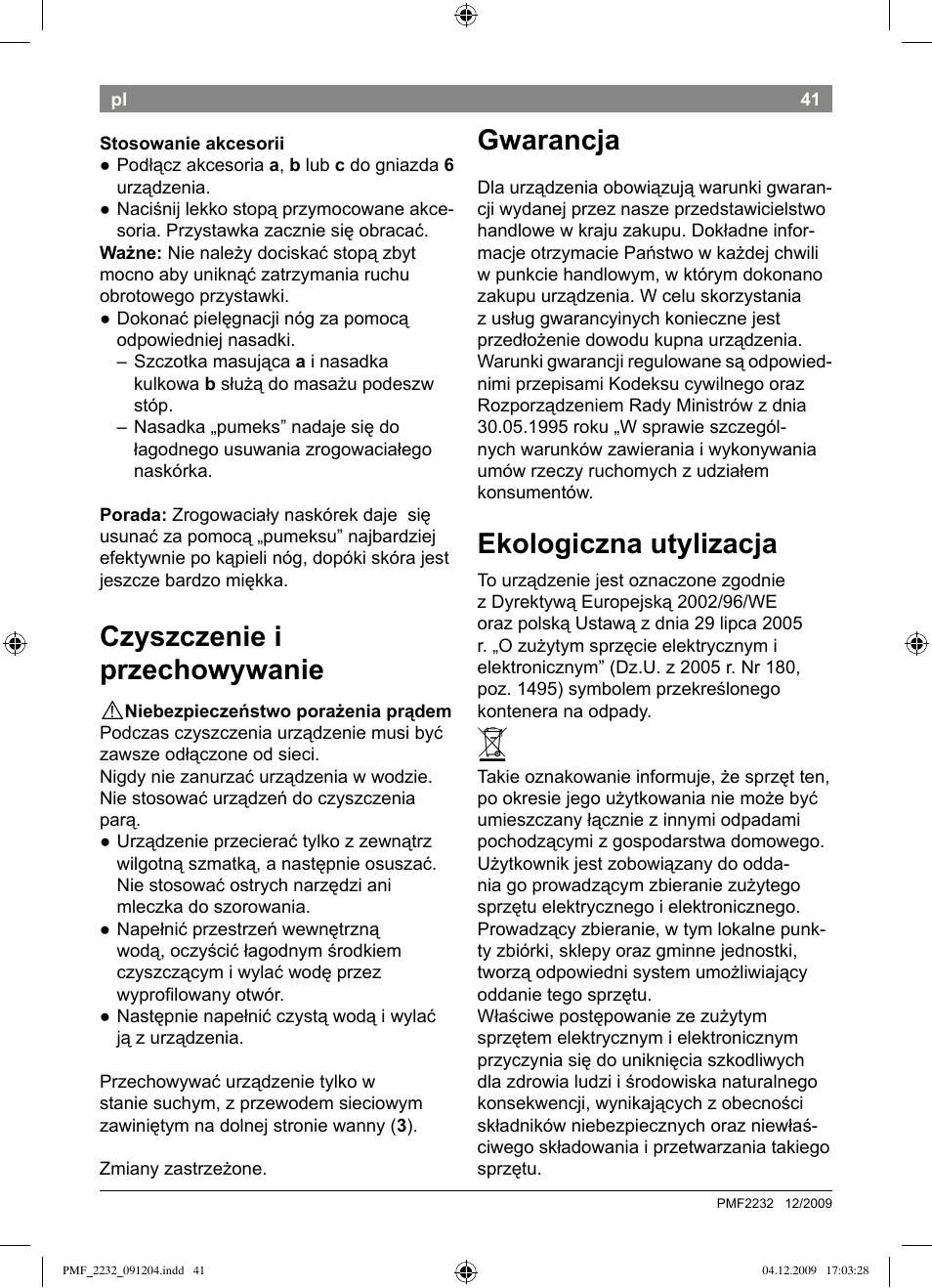 Czyszczenie i przechowywanie, Gwarancja, Ekologiczna utylizacja | Bosch PMF2232 Fußsprudelbad User Manual | Page 43 / 58