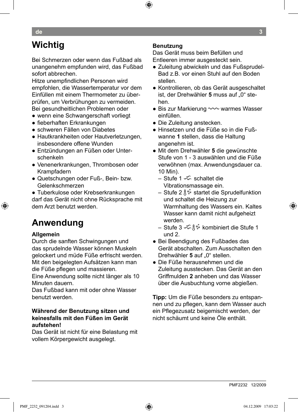Wichtig, Anwendung | Bosch PMF2232 Fußsprudelbad User Manual | Page 5 / 58