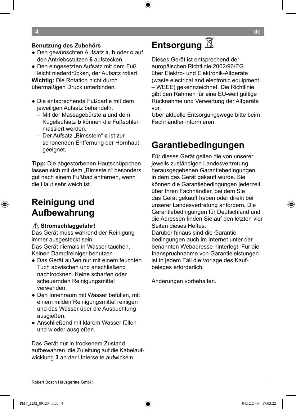 Reinigung und aufbewahrung, Entsorgung, Garantiebedingungen | Bosch PMF2232 Fußsprudelbad User Manual | Page 6 / 58