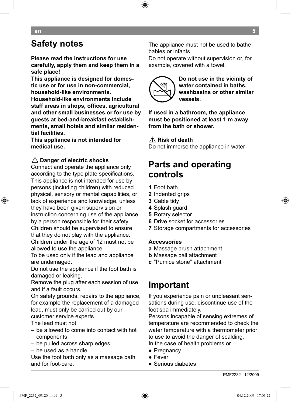 Parts and operating controls, Important | Bosch PMF2232 Fußsprudelbad User Manual | Page 7 / 58