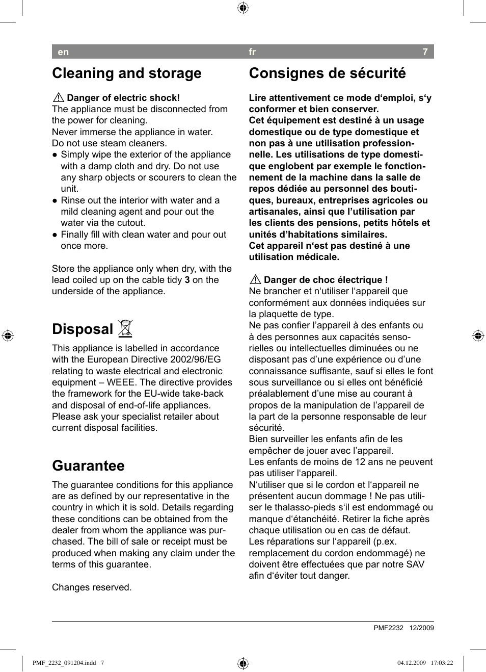 Cleaning and storage, Disposal, Guarantee | Consignes de sécurité | Bosch PMF2232 Fußsprudelbad User Manual | Page 9 / 58