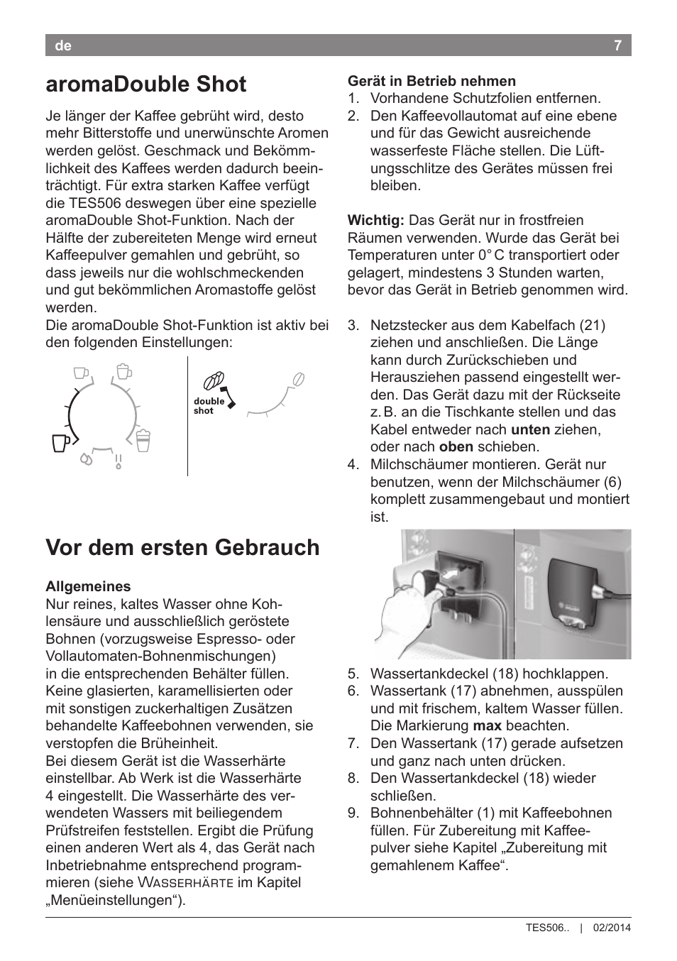 Aromadouble shot, Vor dem ersten gebrauch | Bosch TES50651DE VeroCafe LattePro Kaffeevollautomat Helles Anthrazit Morning Haze User Manual | Page 11 / 94