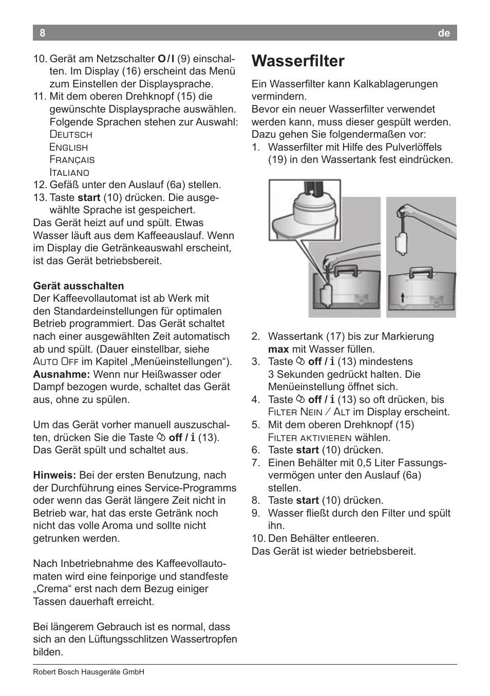 Wasserfilter | Bosch TES50651DE VeroCafe LattePro Kaffeevollautomat Helles Anthrazit Morning Haze User Manual | Page 12 / 94