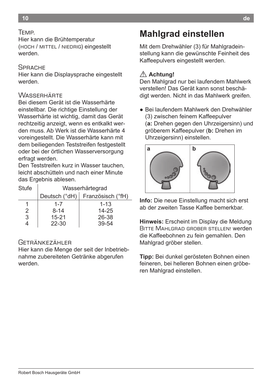 Mahlgrad einstellen, Temp, Sprache | Wasserhärte, Getränkezähler | Bosch TES50651DE VeroCafe LattePro Kaffeevollautomat Helles Anthrazit Morning Haze User Manual | Page 14 / 94