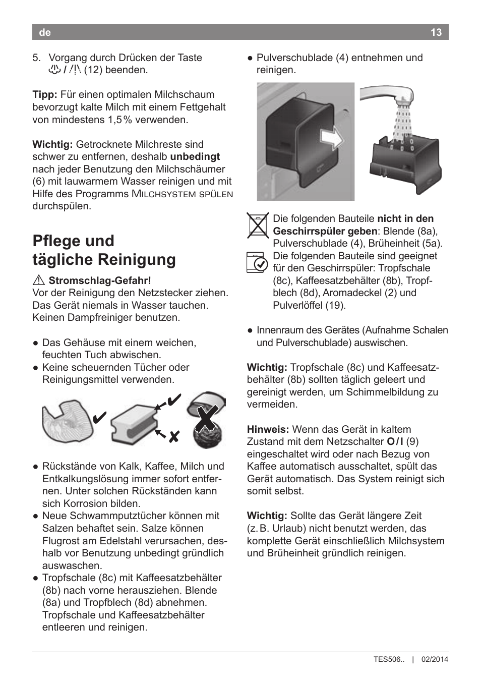 Pflege und tägliche reinigung | Bosch TES50651DE VeroCafe LattePro Kaffeevollautomat Helles Anthrazit Morning Haze User Manual | Page 17 / 94