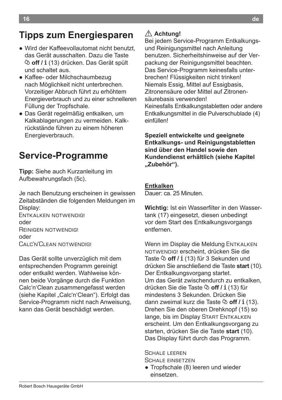 Tipps zum energiesparen, Service-programme | Bosch TES50651DE VeroCafe LattePro Kaffeevollautomat Helles Anthrazit Morning Haze User Manual | Page 20 / 94