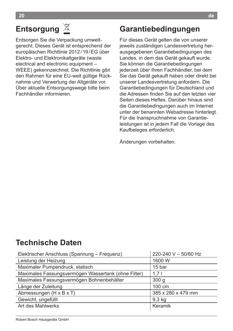 Entsorgung, Garantiebedingungen, Technische daten | Bosch TES50651DE VeroCafe LattePro Kaffeevollautomat Helles Anthrazit Morning Haze User Manual | Page 24 / 94