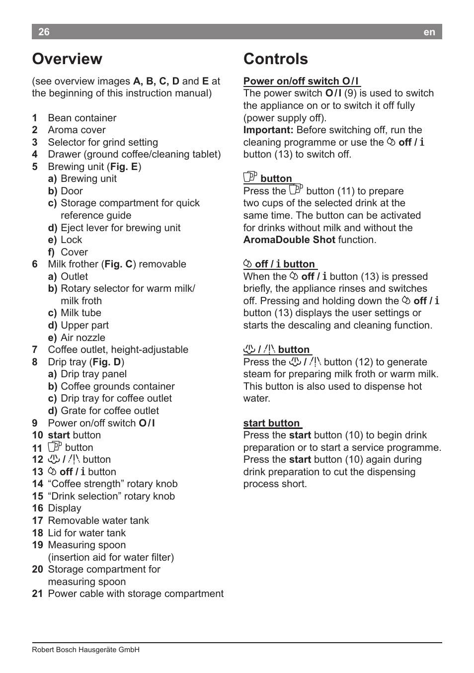 Controls, Overview | Bosch TES50651DE VeroCafe LattePro Kaffeevollautomat Helles Anthrazit Morning Haze User Manual | Page 30 / 94