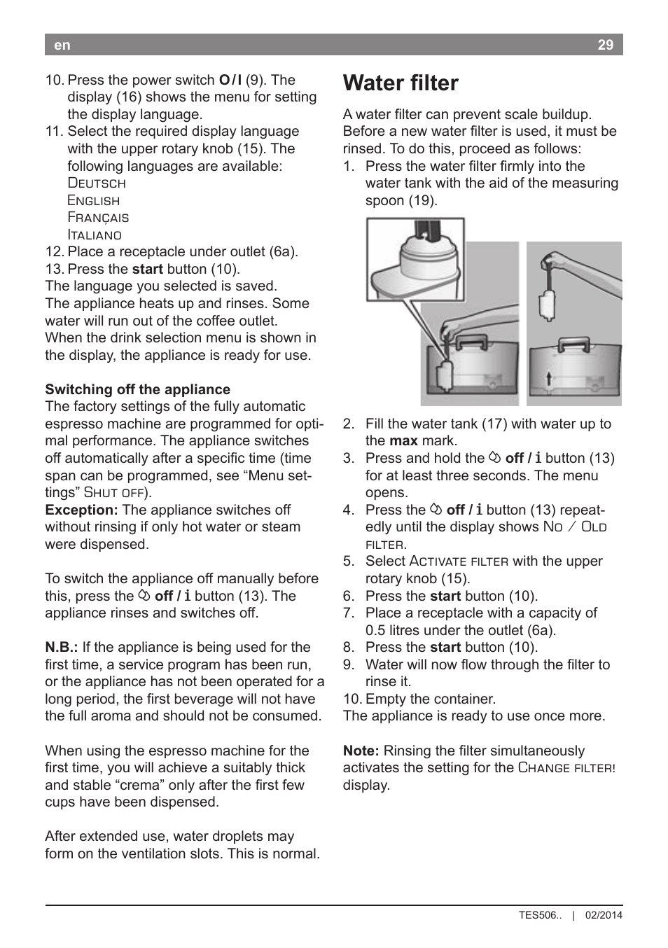 Water filter | Bosch TES50651DE VeroCafe LattePro Kaffeevollautomat Helles Anthrazit Morning Haze User Manual | Page 33 / 94
