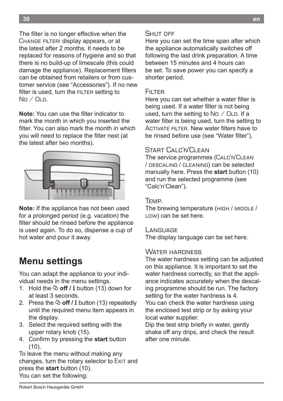 Menu settings, Shut off, Filter | Start calc‘n‘clean, Temp, Language, Water hardness | Bosch TES50651DE VeroCafe LattePro Kaffeevollautomat Helles Anthrazit Morning Haze User Manual | Page 34 / 94