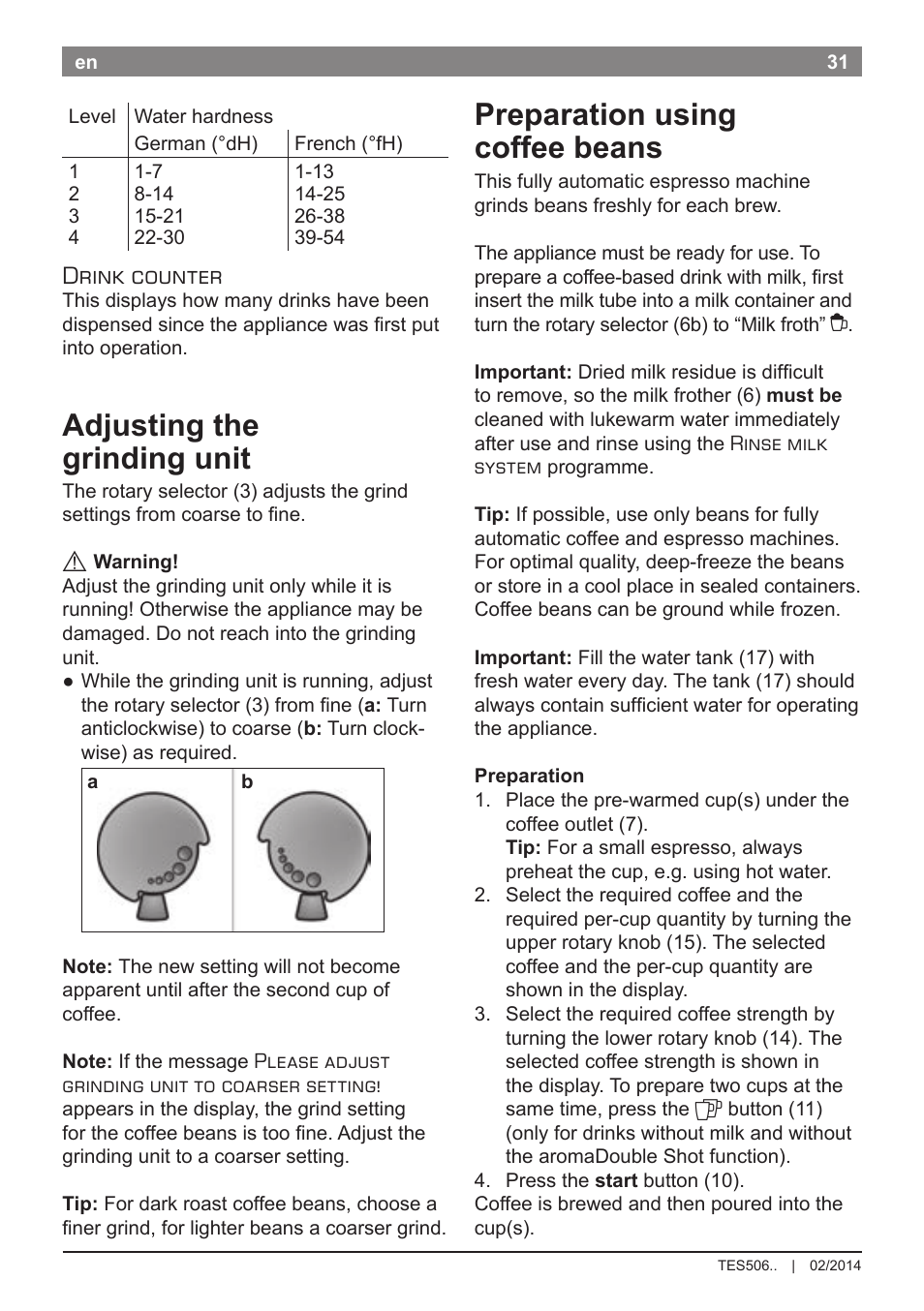 Adjusting the grinding unit, Preparation using coffee beans, Drink counter | Bosch TES50651DE VeroCafe LattePro Kaffeevollautomat Helles Anthrazit Morning Haze User Manual | Page 35 / 94