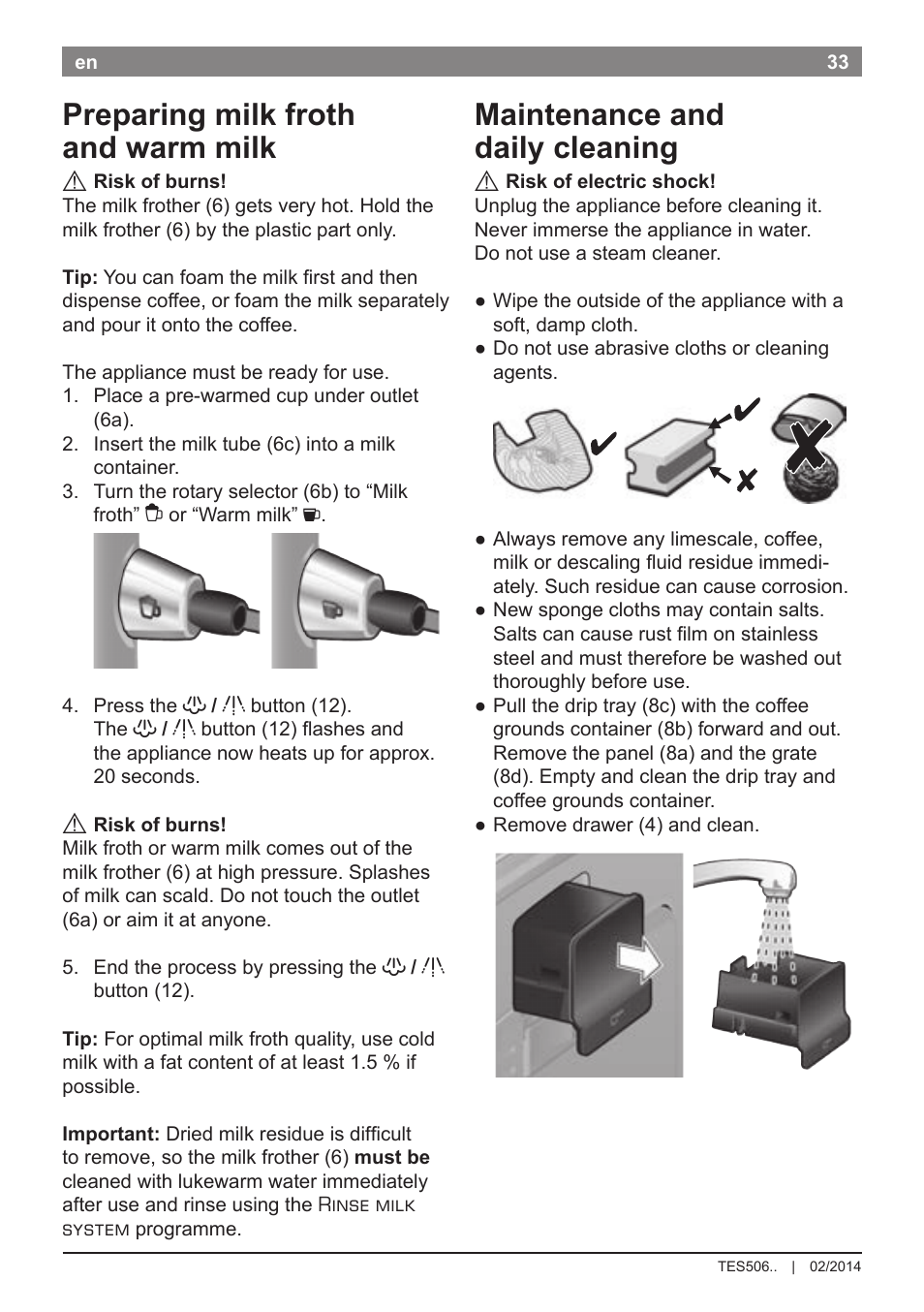 Preparing milk froth and warm milk, Maintenance and daily cleaning | Bosch TES50651DE VeroCafe LattePro Kaffeevollautomat Helles Anthrazit Morning Haze User Manual | Page 37 / 94