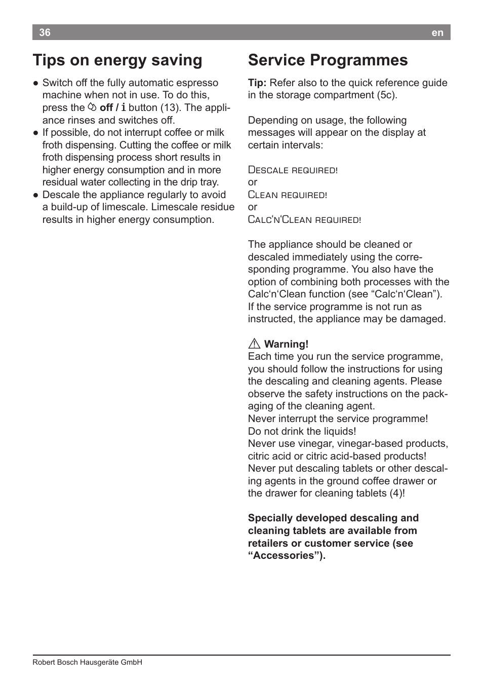 Tips on energy saving, Service programmes | Bosch TES50651DE VeroCafe LattePro Kaffeevollautomat Helles Anthrazit Morning Haze User Manual | Page 40 / 94