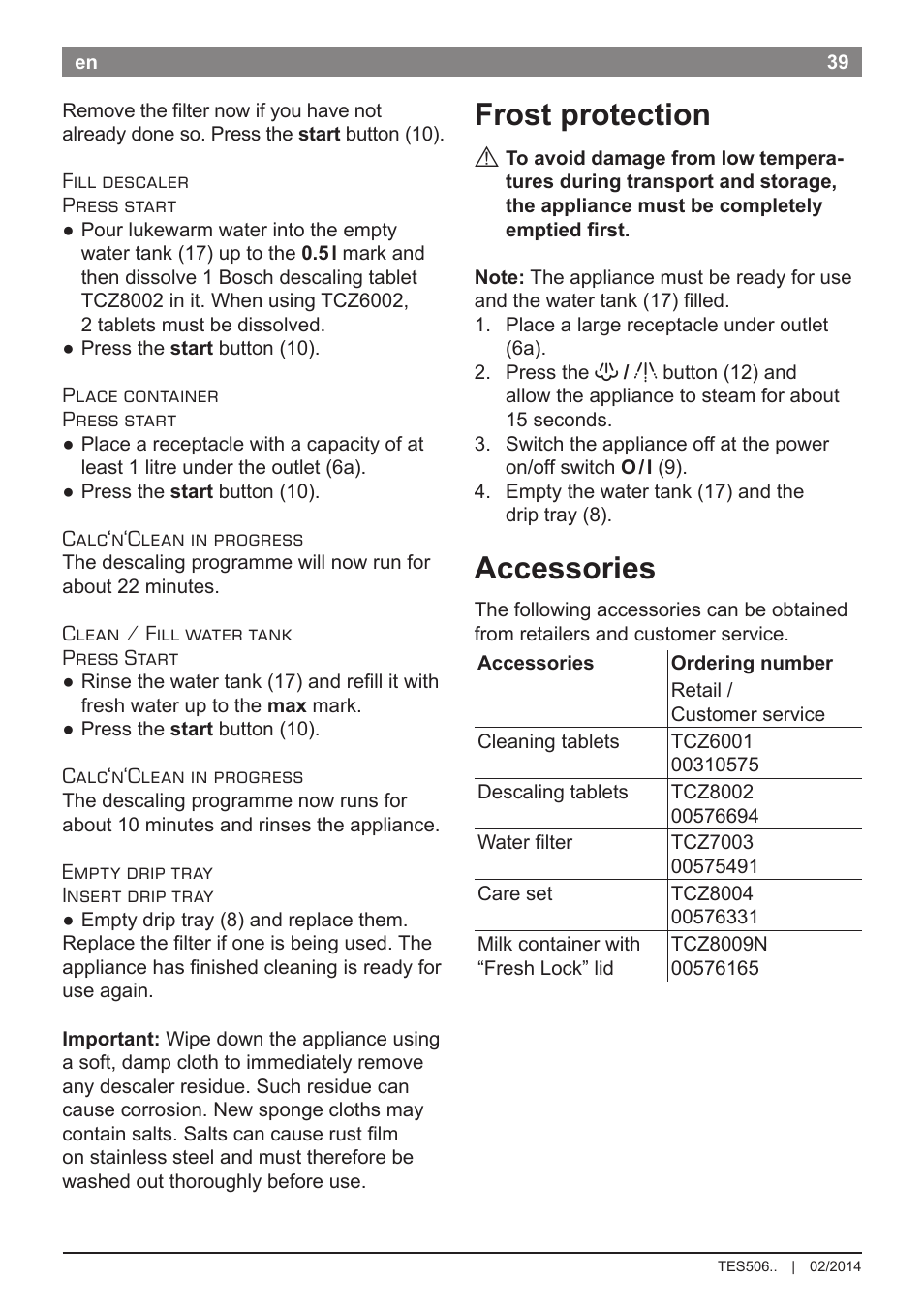 Frost protection, Accessories | Bosch TES50651DE VeroCafe LattePro Kaffeevollautomat Helles Anthrazit Morning Haze User Manual | Page 43 / 94