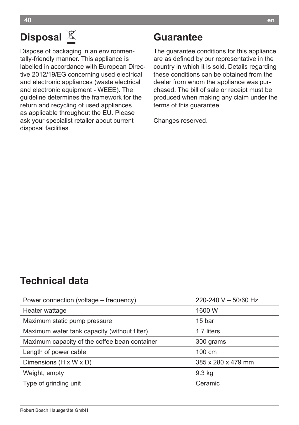 Technical data, Disposal, Guarantee | Bosch TES50651DE VeroCafe LattePro Kaffeevollautomat Helles Anthrazit Morning Haze User Manual | Page 44 / 94